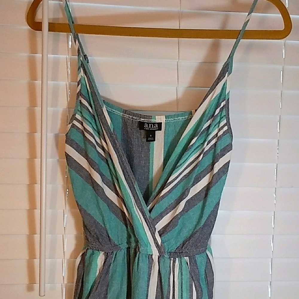 A.n.a Boho Strip Linen Blend Green White Spaghetti Strap Jumpsuit Romper Size S - Picture 7 of 11